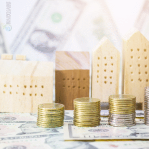 Stacked coins and price tags placed next to miniature houses, representing the myth around high heat pump prices.